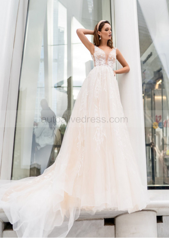 Beaded Ivory Lace Tulle V Back Wedding Dress